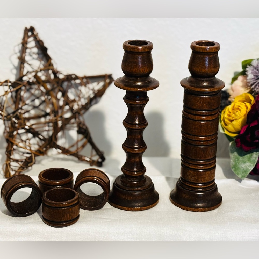 Vintage and unique wooden  Candlestick Holders with Built In Napkin Rings! 1970s